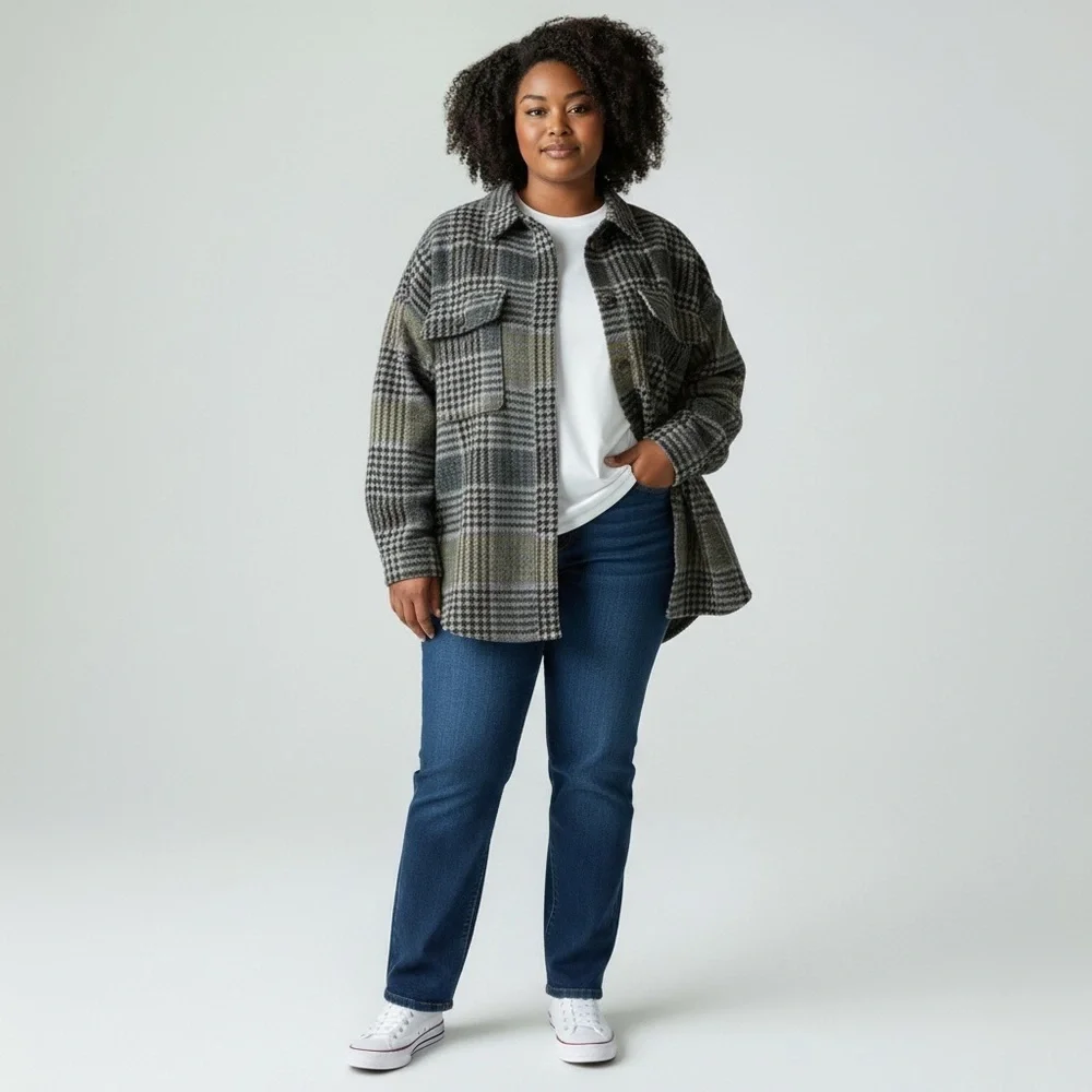 First Love by Lovelyn Cozy Plaid Relaxed Fit Top in Grey Women’s Size L - Picture 8 of 8